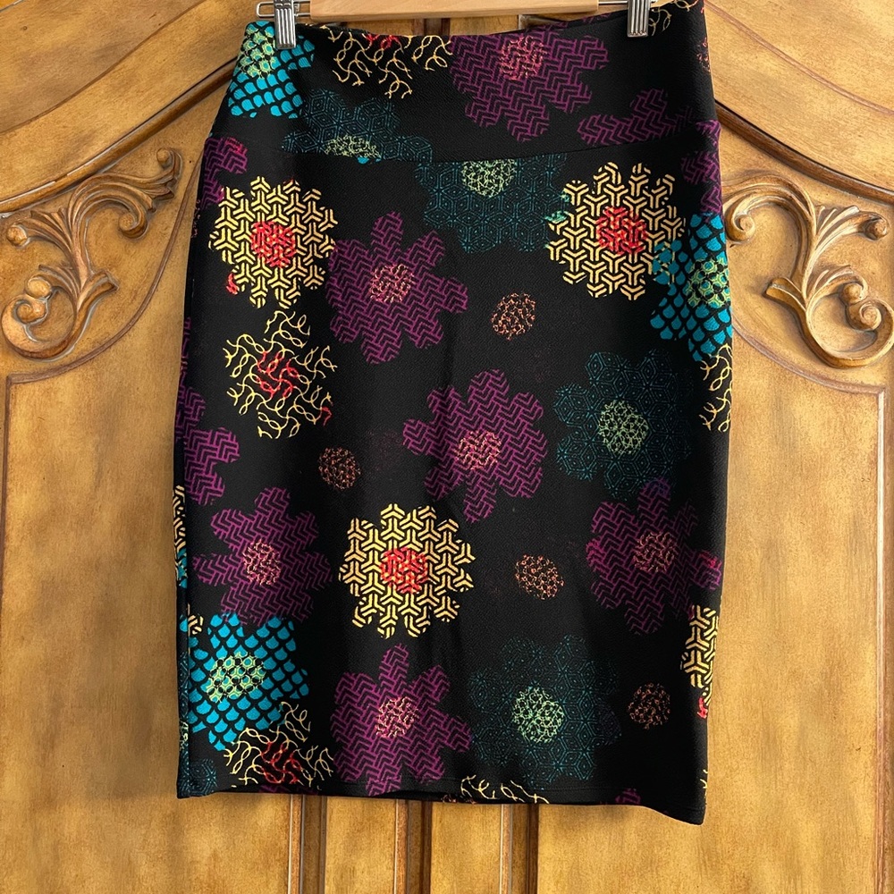 LuLaRoe Black Skirt with Purple and Yellow Patterns